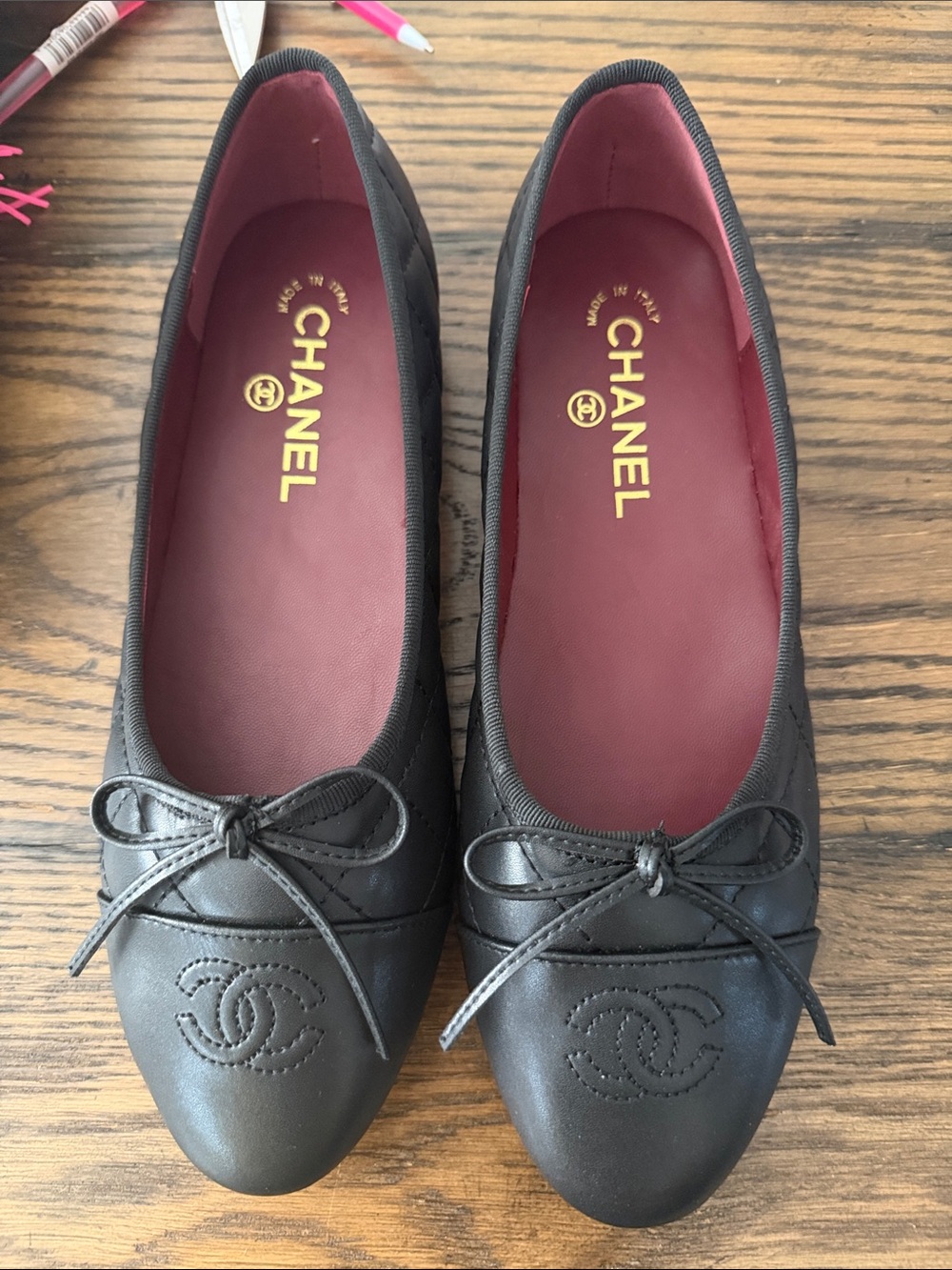 CHANEL Black Leather Quilted Flats with Burgundy Insole
